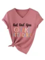 Women Casual V-Neck Short Sleeve Graphic Tee Letter Print Summer Knot Tee Top Apparel - Rose Gold (Black Print)