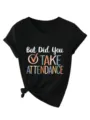 Black V-neck short sleeve women T-shirt with funny letter print and front knot design. - Black (White Print)