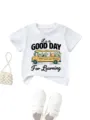 Cute graphic print detail on kids white t-shirt featuring school bus and animal cartoon design. - Tops / White / 90cm