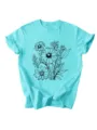 Maglietta donna ciano a maniche corte con grafica floreale nera top estivo scollo tondo - Taglia S / Top / blu profondo