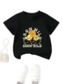 Kids black short sleeve t-shirt detail showing floral print and soft fabric texture. - 90cm / Tops / Black