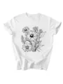 Dettaglio in primo piano della t-shirt bianca da donna a maniche corte con stampa floreale nera. - Taglia S / Top / Bianco