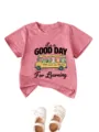 Cute kids short sleeve t-shirt with school bus print, soft cotton casual top for boys and girls. - Peach