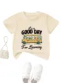 Kids cute school bus graphic short sleeve t-shirt, casual round neck cotton tee apparel. - Apricot