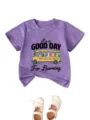 Detailed view of purple heather children short sleeve t-shirt with cute school bus animal graphic print. - Purple