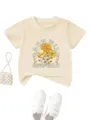 Kids casual round neck short sleeve t-shirt with retro floral graphic and text print. - 90 / Tops / Apricot