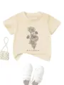 Beige short sleeve kids t-shirt with floral print and october text for casual daily wear - Apricot