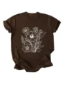T-shirt casual da donna marrone a maniche corte con elegante stampa grafica floreale bianca. - Taglia S / Top / Caffè
