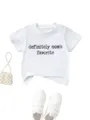 Details of white baby t-shirt with slogan print, styled with pearl bag and casual sneakers. - 90cm / Tops / White