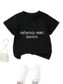 Children's casual short sleeve t-shirt detail showcasing the cute graphic letter print design. - 90cm / Tops / Black