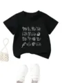 Cute kids black short sleeve t-shirt featuring fun animal line art print for daily wear. - 90 / Tops / Black