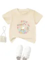Kids casual beige short sleeve t-shirt with funny silly goose cartoon graphic print detail. - Apricot