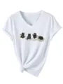 Λευκό γυναικείο t-shirt με V-neck και στάμπες γάτες γιόγκα κοντό μανίκι καλοκαίρι. - S / Tops / Λευκό