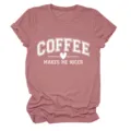 T-shirt femme décontracté à manches courtes et col rond avec imprimé café amusant. - S / Hauts / Or Rose (Police Blanche)