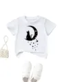 Kids white short sleeve t-shirt featuring cute black cat and moon print for casual daily wear. - 90cm / Tops / White