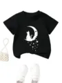 Kids black short sleeve t-shirt featuring cat on moon and stars graphic, casual top. - 90cm / Tops / Black