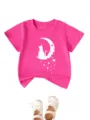 Close-up detail of cute pink kids t-shirt featuring white moon cat and star graphic print. - 90cm / Tops / Rose Red