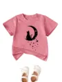 Detailed view of pink heather kids short sleeve t-shirt with cute black cat and moon graphic. - Peach