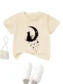 Kids beige short sleeve t-shirt featuring cute cat moon stars print, product detail view. - Apricot
