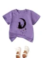Cute purple heather cat moon graphic print short sleeve crewneck kids t-shirt detail view - Purple