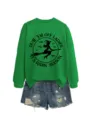 Green graphic sweatshirt paired with distressed denim shorts, stylish casual women fall outfit. - S / Tops / Grass Green (Black Print)