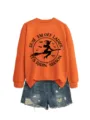 Halloween orange Langarm Sweatshirt und Jeansshorts Set mit coolem Grafikprint Detail. - S / Oberteile / Orange (Schwarzer Druck)