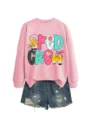 Rosa Damen Langarm Pullover mit niedlichem Buchstaben Druck passend zu Jeansshorts - S / Oberteile / Rosa