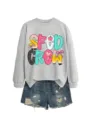 Damen grauer Pullover Rundhalsausschnitt langarm Sweatshirt mit fröhlichem Grafikdruck. - S / Oberteile / Grau