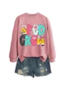 Damen lässiges Langarm-Sweatshirt mit Rundhalsausschnitt und coolen Jeansshorts für Herbst. - S / Oberteile / Roségold
