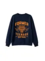 Navy blue crewneck sweatshirt featuring an orange tiger graphic and text for casual streetwear style. - 110 / Tops / Navy Blue