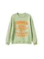 Light green crewneck sweatshirt featuring a stylish orange graphic text print on the front. - 110 / Tops / Olive Green