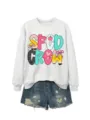Damen grauer Langarm Sweatshirt Pullover kombiniert mit Jeansshorts im Lehrer Design. - S / Oberteile / Off-White