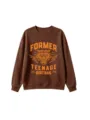 Detailed view of brown crewneck sweatshirt featuring striking tiger graphic print and text. - 110 / Tops / Coffee