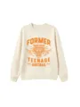 Close-up detail of beige sweatshirt with front tiger graphic print and ribbed hem and cuffs. - 110 / Tops / Sand