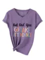 Women casual V-neck short sleeve t-shirt with funny quote print and front knot design. - Purple (Black Graphic)