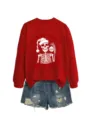 Sudadera roja de manga larga con gráfico de esqueleto navideño combinada con shorts vaqueros - S / Tops / Rojo