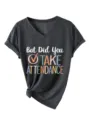 Dark grey V-neck t-shirt detail showing chest slogan print and front knotted hem design. - Heather Grey (White Graphic)