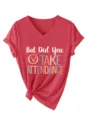 Casual women short sleeve v-neck t-shirt with funny letter print and cute tied hem design. - Red