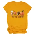 Comoda maglietta grafica autunnale da donna con maniche corte e grazioso motivo. - Taglia S / Top / giallo senape