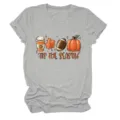 Maglietta da donna grigia a maniche corte con stampa grafica di zucca autunnale. - Taglia S / Top / Grigio chiaro