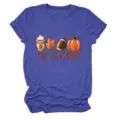 Comoda maglietta manica corta donna con stampa zucca autunnale top casual festivo - Taglia S / Top / blu retrò