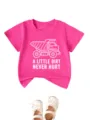 Detail view of vibrant pink kids short sleeve t-shirt with graphic and fun slogan text. - 90 / Tops / Rose Red