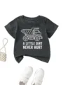 Detail view of toddler dark grey short sleeve t-shirt with cute truck graphic and quote. - 90cm / Tops / Dark Gray