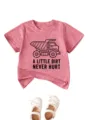 Detail view of kids pink short sleeve t-shirt featuring cute dump truck graphic print. - Peach