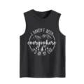 Close-up detail view of women's dark grey casual tank top featuring a stylish travel print. - S / Tops / Dark Gray Tank Top (White Letter Color Print)
