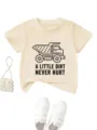 Kids short sleeve t-shirt detail showing cute dump truck graphic and slogan print design. - Apricot