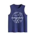 Women's casual sleeveless tank top with mountain travel print, soft summer basic vest. - S / Tops / Retro Blue Tank Top (White Letter Color Print)