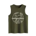 Close-up detail of the army green casual tank top showing the mountain graphic and travel print. - S / Tops / Army Green Tank Top (White Letter Color Print)