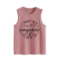 Mountain graphic print sleeveless tank top detail, casual women's mauve summer knit shirt. - S / Tops / Rose Gold Tank Top (Black Letter Color Print)