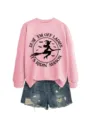 Damen Halloween Hexe Rosa Sweatshirt Langarm Lässiger Pullover Oberteil mit Jeansshorts - S / Oberteile / Rosa (Schwarzer Druck)